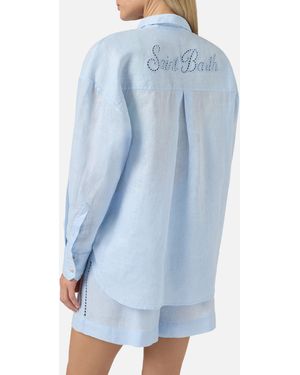 MC2 Saint Barth Light Linen Cristal Shirt With Perforated Saint Barth Embroidery - Blue