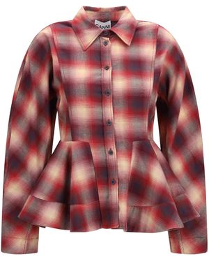 Ganni Peplum Flannel Shirt - Red