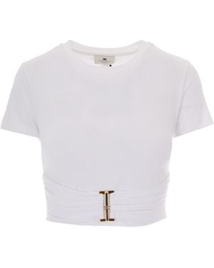 Elisabetta Franchi Draped Jersey T-Shirt With Metallic Ring Detail - White