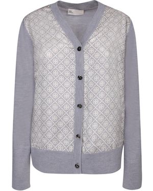 Tory Burch Silk Knit Monogram Cardigan - Gray