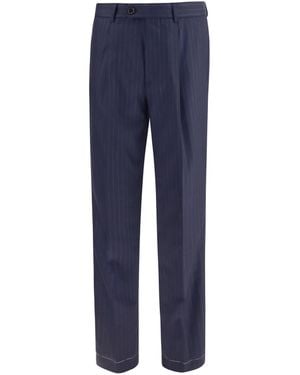 Brunello Cucinelli Virgin Wool Batavia Pinstriped Trousers Fleece Ovis Aries - Blue