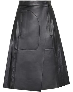 Ferragamo Pleated Leather Midi Skirt - Black