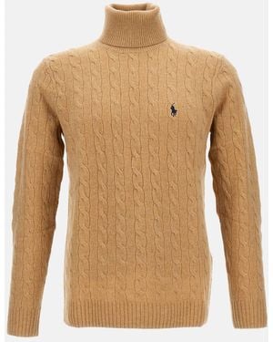 Polo Ralph Lauren Cable Knit Turtleneck Sweater With Embroidered Logo - Brown
