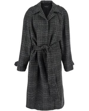 Balenciaga Coat With Wide Notched Revers And All-Over Check Motif - Black