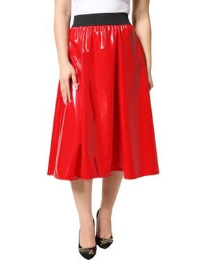 Dolce & Gabbana Glossy Polyester High Waist Midi Skirt 05+Co+Pl+Vi - Red