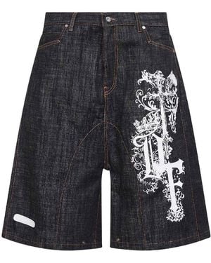 PDF Dark Printed Cotton Denim Biker Shorts - Blue