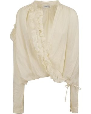 Dries Van Noten Elegant Crossover Blouse With Ruffle Sleeves - Natural