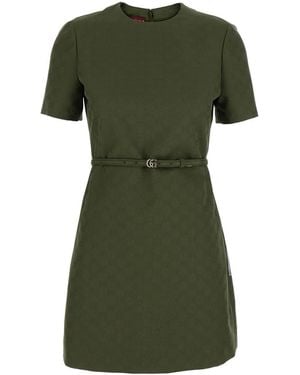 Gucci Mini Dress With Gg Buckle Belt - Green