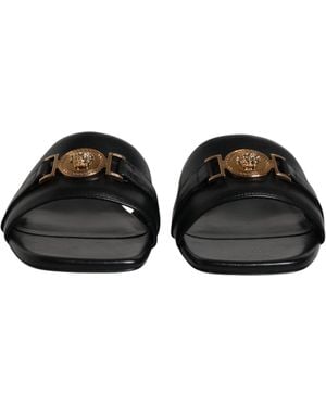 Versace Leather Logo Plaque Slip On Slides Flats Shoes - Black