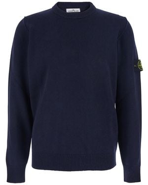 Stone Island Crewneck Jumper With Logo Patch On The Sleeve - Blue