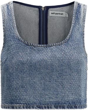 Self-Portrait Rhinestone Denim Crop Top Cotton - Blue