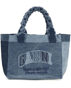 Ganni Medium Trapeze Denim Shopper Cotton Shoulder Bags - Blue