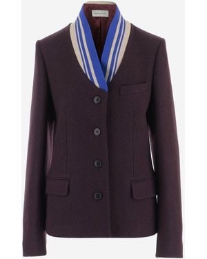 Dries Van Noten Jacket Wool-Blend With Contrast Collar - Blue