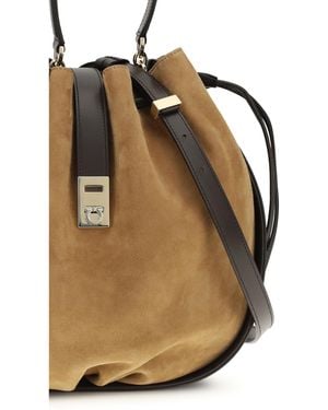 Ferragamo Bucket Bag Hug Buckle Suede Calf Leather - Brown