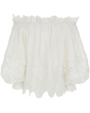 CAMILLA Off-Shoulder Top With Elastic Neckline And All-Over Embroidery - White