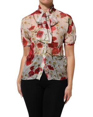 Dolce & Gabbana Floral Tie-Neck Poppy Print Blouse Top - Red