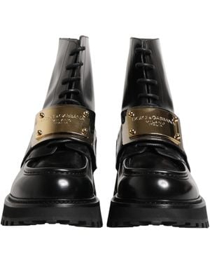 Dolce & Gabbana Leather Dg Plaque Lace Up Boots Shoes - Black