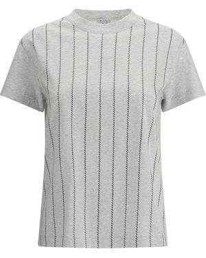 Brunello Cucinelli Striped T-Shirt With Mini Sequins - Grey
