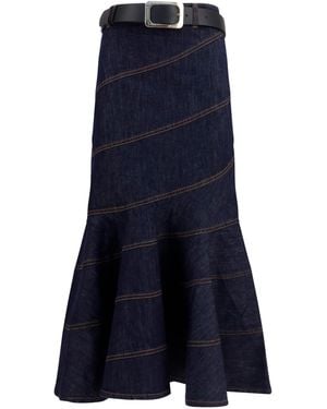 Self-Portrait Denim Midi Skirt With Belt - Blue