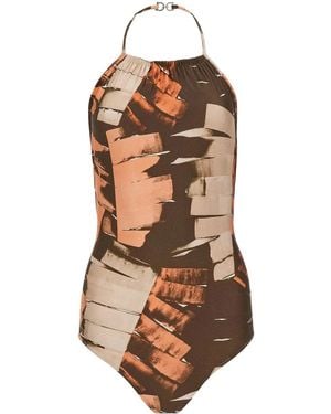 Ferragamo Palm-Print Halterneck Swimsuit - Brown