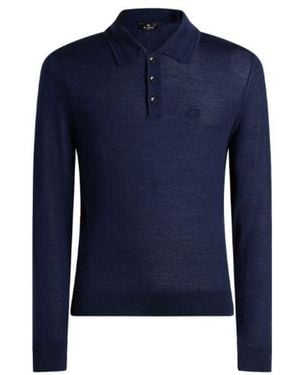 Etro Long-Sleeved Wool And Silk Knit Polo Shirt With Logo Embroidery - Blue