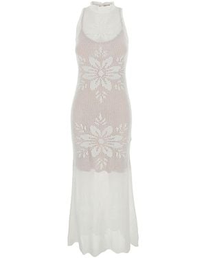 Twinset Long Dress Knitted Dress With V-Neck And Long Sleeves - White