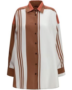 Kiton Long Striped Silk Shirt - Brown