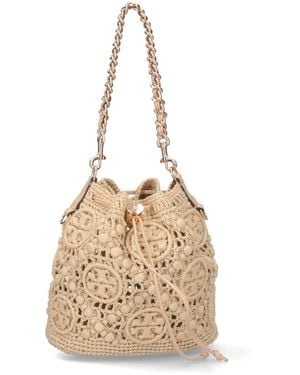Tory Burch Medium Bucket Bag T Monogram - Natural