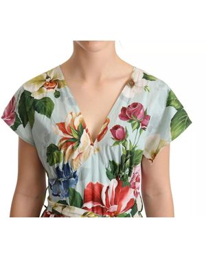 Dolce & Gabbana Floral Short Sleeves Cotton V-Neck Dress - Green