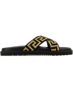 Versace Embroidered Fabric Slippers - Black