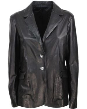Barba Napoli Soft Leather Blazer Jacket With 2 Button Closure And Flap Pockets - Black