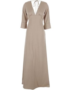Le Plain Maxi Dress With Front And Rear V Neck Bow On The - Natural