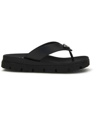 Prada Calf Leather Bos Taurus Flat Sandals - Black