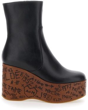 Chloé Maxime Ankle Boots With Wood-Effect Platform With Engravings - Black