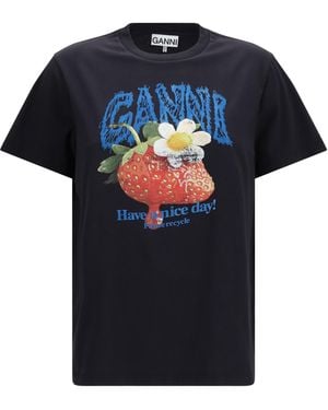 Ganni Strawberry Cotton T-Shirt T-Shirts - Blue