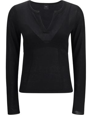 Pinko Sweater Long-Sleeve With V-Open Neckline Viscose; Cotton T-Shirts - Black
