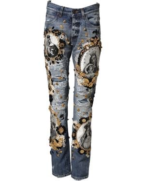 Dolce & Gabbana Ripped Embellished Cotton Denim Jeans Clothing - Blue