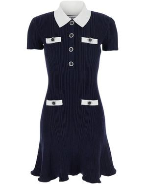 Self-Portrait Contrast Collar Knit Mini Dress - Blue