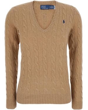 Polo Ralph Lauren V-Neck Jumper Kimberly Wool Cashmere Tops - Natural