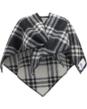Burberry Short Wool Check Poncho Merino Ovis Aries Scarf - Grey