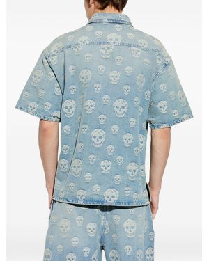McQueen Short-Sleeved Light Jacquard Cotton Denim Skull Shirt With All-Over Skull Motif - Blue