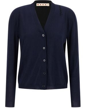 Marni Two-Tone Wool And Silk Cardigan With Embroidered Detail - Blue