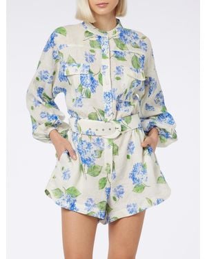 MC2 Saint Barth Floral Hanniel Linen Playsuit Overalls - Blue