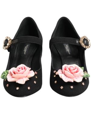 Dolce & Gabbana Flower Crystal Embellished Mary Jane Shoes Wool Rayon Goat Skin - Black