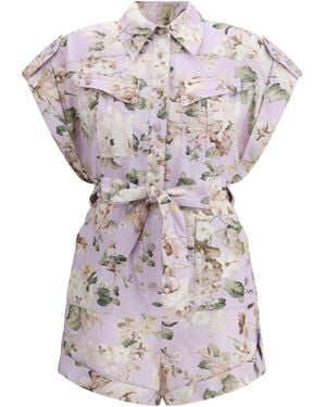 Zimmermann Floral Print Linen Playsuit With Belted Waist And Short Sleeves - White