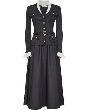 Self-Portrait Knit And Twill Belted Midi Dress - Black