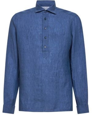 D 40 Denim Linen Shirt-Style Polo Shirt - Blue