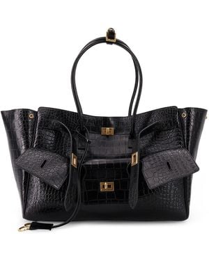 Balenciaga Carry All Bel Air Leather Shoulder Bag With Croco Effect - Black
