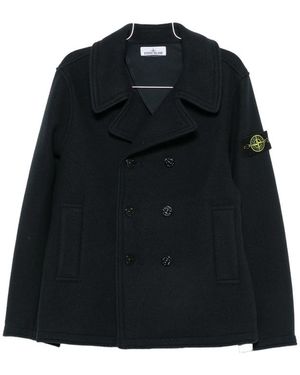 Stone Island Double-Breasted Logo-Patch Coat - Black