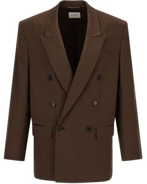 Saint Laurent Silk Satin Double-Breasted Blazer - Brown